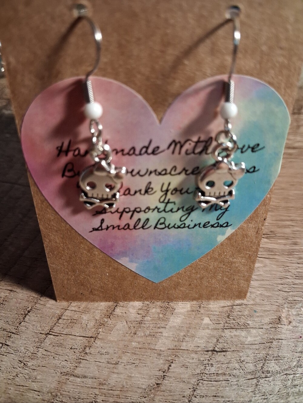 Handmade Stainless Steel Skull Dangle Earrings - Pink Accent